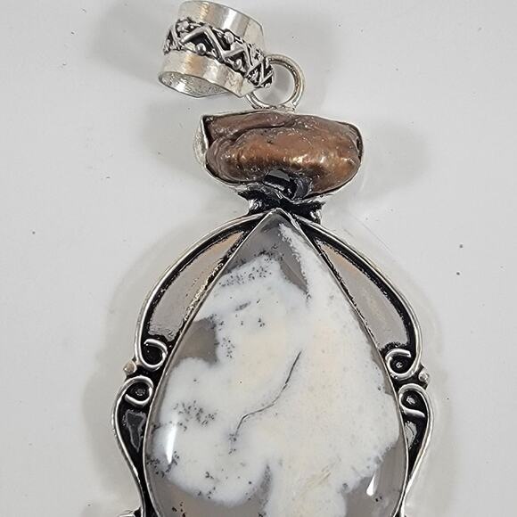 Handmade Silver Pendant with Dendritic Opal, Moonstone & Freshwater Pearl - Picture 2 of 10
